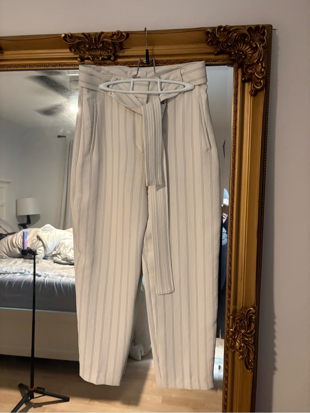 Wilfred Cream Pinstripe Paperbag Waist Trousers with Tie